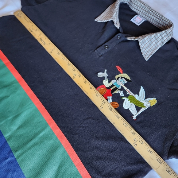 Saints & Sinners Pinocchio Tinker Bell Embroidered Black Striped Larg Polo Shirt - Picture 4 of 8